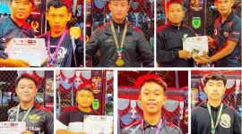 Saerah jarum jam: Foto atas: peraih medai emas Diego Andrea Ramadhana, Gibran Firmas Maulana Tijani, Muhammad Alvino Ardiyanyah. Foto bawah: Reza Aditya Pratama perak), peraih medali perunggu Dycko Ari Septian Permana, Fahreza Deltha Kinantan, dan Luthfi Khoiril Hadi. Photo: istimewa/edit