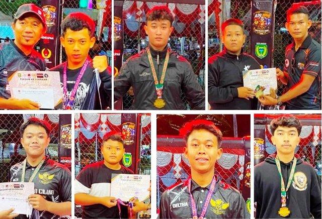 Saerah jarum jam: Foto atas: peraih medai emas Diego Andrea Ramadhana, Gibran Firmas Maulana Tijani, Muhammad Alvino Ardiyanyah. Foto bawah: Reza Aditya Pratama perak), peraih medali perunggu Dycko Ari Septian Permana, Fahreza Deltha Kinantan, dan Luthfi Khoiril Hadi. Photo: istimewa/edit