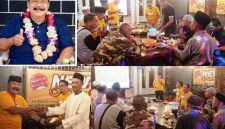 Grand Opening New Hidden Café, Photo searah jarum jam: Kiri atas, Drs H M Setyo Wahyu, SH., M.Pd., MM (Pemilik New Hideen Café-Kolam Renang Zam Zam), makan bersama nasi tumpeng, penyerahan pucuk nasi tumpeng, sambutan pemilik Café, Sabtu (4/7/2026). 
