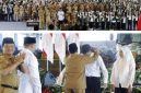 Acara dihadiri langsung Bupati Jombang, Warsubi, beserta Sekretaris Daerah Agus Purnomo, S.H., M.Si., jajaran Staf Ahli, Asisten, Kepala Perangkat Daerah (OPD), serta Camat dan Kepala Desa setempat. Diharapkan 1.225 mahasiswa KKN bisa kolaborasi dan sinergi dunia akademis dan pemerintah daerah demi mewujudkan Jombang yang lebih maju, bersih, sejahtera. Tampak prosesi penyematan atribut jaket almamater oleh Bupati dirangkai dengan pembekalan materi, Senin (13/7/2026). Photo: Humas Dinas Kominfo Pemkab Jombang/edit