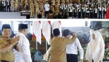 Acara dihadiri langsung Bupati Jombang, Warsubi, beserta Sekretaris Daerah Agus Purnomo, S.H., M.Si., jajaran Staf Ahli, Asisten, Kepala Perangkat Daerah (OPD), serta Camat dan Kepala Desa setempat. Diharapkan 1.225 mahasiswa KKN bisa kolaborasi dan sinergi dunia akademis dan pemerintah daerah demi mewujudkan Jombang yang lebih maju, bersih, sejahtera. Tampak prosesi penyematan atribut jaket almamater oleh Bupati dirangkai dengan pembekalan materi, Senin (13/7/2026). Photo: Humas Dinas Kominfo Pemkab Jombang/edit