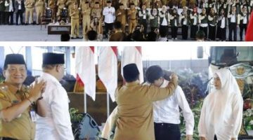 Acara dihadiri langsung Bupati Jombang, Warsubi, beserta Sekretaris Daerah Agus Purnomo, S.H., M.Si., jajaran Staf Ahli, Asisten, Kepala Perangkat Daerah (OPD), serta Camat dan Kepala Desa setempat. Diharapkan 1.225 mahasiswa KKN bisa kolaborasi dan sinergi dunia akademis dan pemerintah daerah demi mewujudkan Jombang yang lebih maju, bersih, sejahtera. Tampak prosesi penyematan atribut jaket almamater oleh Bupati dirangkai dengan pembekalan materi, Senin (13/7/2026). Photo: Humas Dinas Kominfo Pemkab Jombang/edit