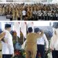 Acara dihadiri langsung Bupati Jombang, Warsubi, beserta Sekretaris Daerah Agus Purnomo, S.H., M.Si., jajaran Staf Ahli, Asisten, Kepala Perangkat Daerah (OPD), serta Camat dan Kepala Desa setempat. Diharapkan 1.225 mahasiswa KKN bisa kolaborasi dan sinergi dunia akademis dan pemerintah daerah demi mewujudkan Jombang yang lebih maju, bersih, sejahtera. Tampak prosesi penyematan atribut jaket almamater oleh Bupati dirangkai dengan pembekalan materi, Senin (13/7/2026). Photo: Humas Dinas Kominfo Pemkab Jombang/edit