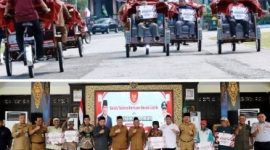 Usai penyerahan unit becak listrik secara simbolis kepada perwakilan penerima, Warsubi Bupati Jombang menjajal langsung ketangguhan mengendarai becak listrik tersebut mulai dari halaman Pendopo - masuk ke Alun Alun dan kembali lagi ke Pendopo. Photo: Dinas Kominfo Pemkab Jombang.