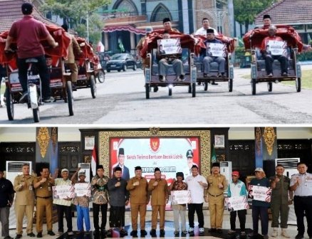 Usai penyerahan unit becak listrik secara simbolis kepada perwakilan penerima, Warsubi Bupati Jombang menjajal langsung ketangguhan mengendarai becak listrik tersebut mulai dari halaman Pendopo - masuk ke Alun Alun dan kembali lagi ke Pendopo. Photo: Dinas Kominfo Pemkab Jombang.