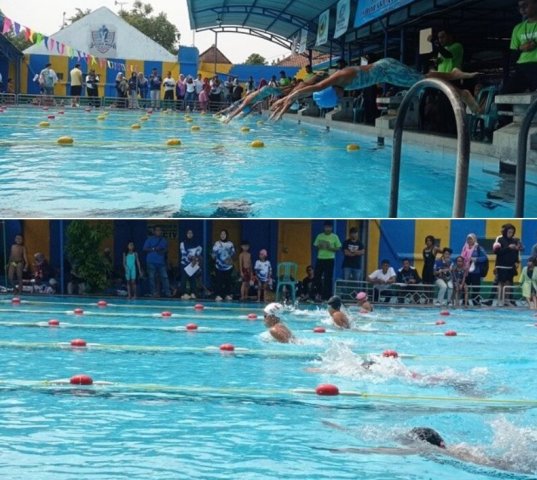 Tampak atlet mengambil start dan melakukan lomba renang di kolam Tirta Satria di Desa Jambu, Kecamatan/Kabupaten Jombang, Jawa Timur pada PORKAB 2026, Sabtu (22/6). Photo: htpps://layang.co
