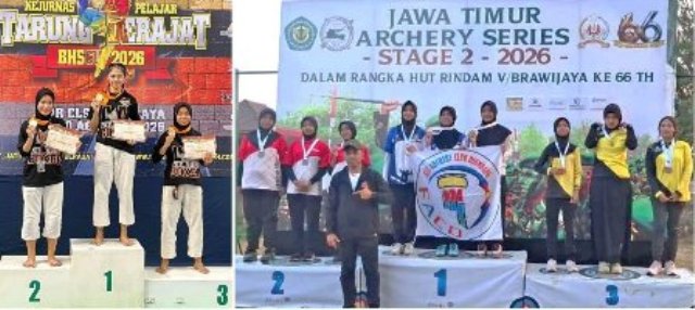 Photo kiri: Ermifta Atma Hapsari Raih Emas Tarung Derajat, Photo kanan: Tiga atlet Panahan Kabupaten Jombang meraih medali emas dari kelas eliminasi beregu nasional divisi Bow Putri KU-18, yakni Aden Farras Wicaksono, Dihlah Nafisah Nizam, dan Farannisa Fayyadah. Photo: istimewa