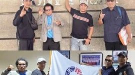 Photo atas, Perwakilan ketika berada di Kantor KONI Pusat, dari kiri Kistantono, Anang Masruchin, Welly Ari Wijaya, Suyanto (kanan), photo bawah ketika membentangkan Bendera AKUTIK INDONESIA di Kantor Sekretariat Federasi Akuatik Indonesia di Wisma Bakrie 1 Rasuna Said Jaksel, usai menyerahkan dokumen dukungan/mandat dari klub akuatik Jawa Timur, Jum’at (14/8/2026). (foto: Istimewa).