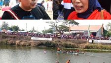 Wakil Ketua DPRD Jombang Syarif Hidayatullah (kiri) dan Kepala Dinas Pendidikan dan Kebudayaan Kabupaten Jombang Wor Windari (kanan) saat wawancara sembari menyaksikan jalannya lomba dayung. Photo: https://layang.co