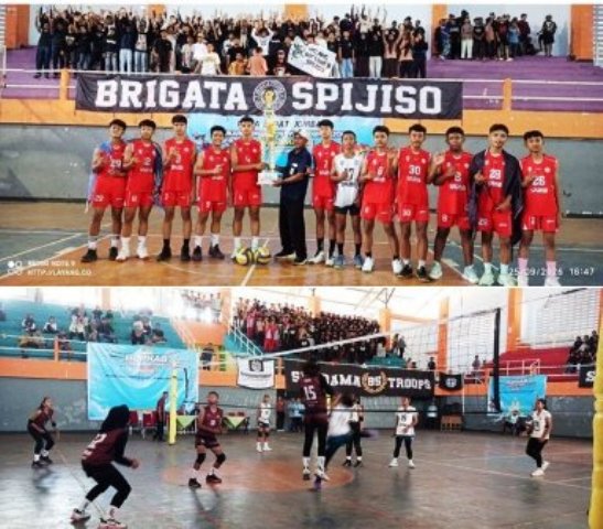 Tampak Tim Putra SMPN 1 Ploso menerima trophy Juara 1 Cabang Bola Voli PPOPKAB 2026, sedangkan photo bawah tim Putri SMPN 1 Bareng (kostum putih) bertanding melawan Tim Putri SMPN 2 Mojoagung (kostum merah), Tim SMPN 1 Bareng sebagai Juara 1 Putri Bola Voli tahun 2026, Jum’at (25/9/2026). Photo: https://layang.co.