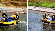 Tim Putra sedang melakukan lomba di saluran irigasi sungai brantas di kawasan wisata desa Turipinggir, Kecamatan Megaluh, Sabtu (5/9/2026). 