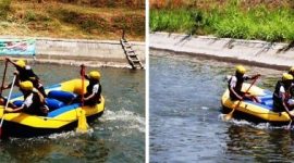 Tim Putra sedang melakukan lomba di saluran irigasi sungai brantas di kawasan wisata desa Turipinggir, Kecamatan Megaluh, Sabtu (5/9/2026). 