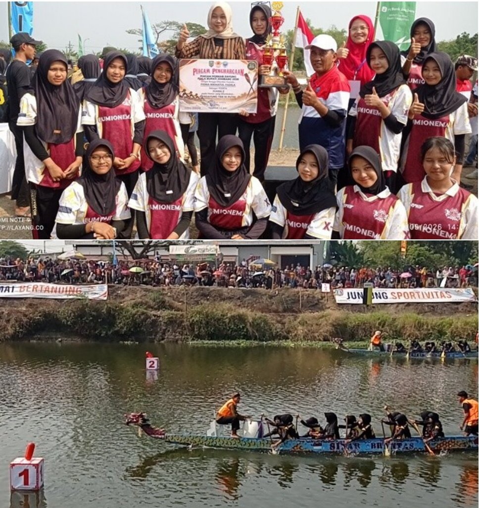 Tim Putri SMA Negeri Mojoagung pose bersama usai menerima prophy Juara 2 Putri PORKAB Dayung 2026, photo bawah, lomba dayung berlangsung di sungai tenggor, Desa Madiopuro, Kecamatan Sumobito, Minggu (20/9/2026)