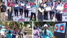 Photo atas: Kepala Dinas Kepemudaaan Olahraga dan Paiwisata Kabupaten Jombang Nur Evva Maylia menyerahkan medali dan piagam prestasi, photo bawah, atlet putri sedang melakukan lomba membidik target panahan, Minggu (27/9/2026) di Kebun Ratu Tirta Wisata, Peterongan Jombang. photo: https:layang.co
