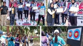 Photo atas: Kepala Dinas Kepemudaaan Olahraga dan Paiwisata Kabupaten Jombang Nur Evva Maylia menyerahkan medali dan piagam prestasi, photo bawah, atlet putri sedang melakukan lomba membidik target panahan, Minggu (27/9/2026) di Kebun Ratu Tirta Wisata, Peterongan Jombang. photo: https:layang.co