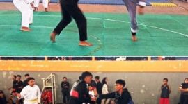 Peserta PORKAB Pencak Silat sedang melakkan pertandingan di GOR Merdeka Jombang, Jum'at (18/9/2026), Kejuaraan ini untuk menjaring atlet POPDA 2026 dan porsi PORPROV. 2027