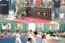Disaksikan Kepala Dinas Porapar Nur Evva Maylia, Kepala Dinas Dikbud Kabupaten Jombang Dra Wor Windari, M.Si membanting tongkat sebagai tanda PORKAB Shorinji Kempo dibuka secara resmi (photo atas) sedangkan photo bawah, atlet embu beregu campuran melakukan laga di Balai Desa Mojongapit, Jombang, Jum’at (18/9/2026). Photo: https://layang.co