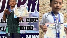Dua atlet Selam Kabupaten Jombang yang telah berhasil menyabet medali Kejurprov Jatim tahun 2026, Piala Wali Kota Kediri, Minggu (20/9/2026). Kiri: Arsenio Athaya Nurhan, tiga medali, kanan: Adzril Andana, 1 medali. 