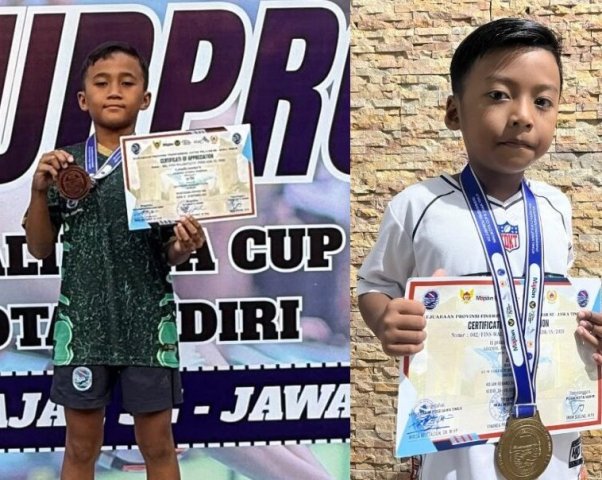Dua atlet Selam Kabupaten Jombang yang telah berhasil menyabet medali Kejurprov Jatim tahun 2026, Piala Wali Kota Kediri, Minggu (20/9/2026). Kiri: Arsenio Athaya Nurhan, tiga medali, kanan: Adzril Andana, 1 medali.