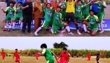 Tim Putra Gama, Gadingmangu, Kecamatan Perak merayakan kemenangan setelah menerima trophy dari ASKAB PSSI Jombang, sebagai Juara I PORKAB Sepak Bola Tahun 2026. Photo bawah: jalannya pertandingan final (Putra Gama hijau, Akor merah). Photo: https://layang.co.