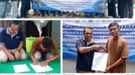 Photo bersama: Tim Politeknik Elektronik Negeri Surabaya (PENS), penandatangan berita acara dan penyerahan barang PLTS dari Ketua Pranata Laboratorium Pendidikan,  Agus Fitriyanto, A.Md, kepada Bahrul Ulum Ketua Kelompok Barokah Lele didampingi Sekrtaris Desa M Thobib Nur Anas dan  pengambilan dokumentasi di lokasi PLTS, tampak air mengucur ke kolam lele bersumber listrik tenaga surya, Sabtu (24/10/2026). Photo: https://layang.co 