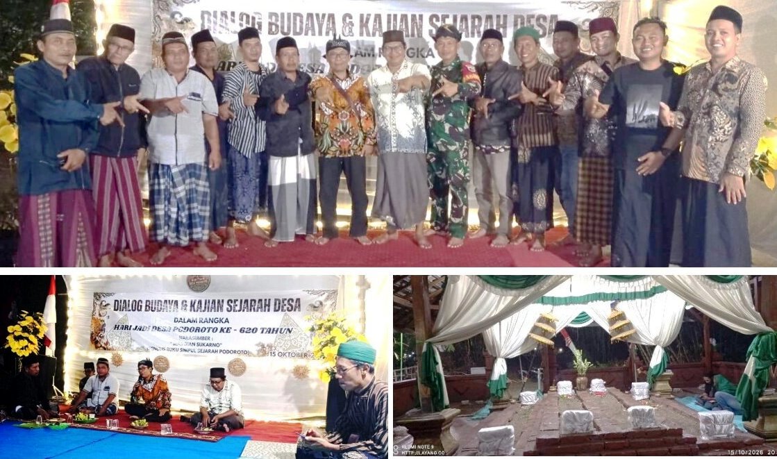 Perangkat desa dan tokoh masyarakat Desa Podoroto, Jum’at (15/10/2026) photo bersama Dian Sukarno (batik/tengah) dan Gus Dyan (putih/tengah) dalam rangkaian Dialog Budaya dan Kajian Sejarah Desa, dan photo makam Sayyid Syarif Maulana Kahfi Sulaiman Al Maghribi yang oleh masyarakat setempat menyebutnya makam Mbak Sentono. Photo https://layang.co